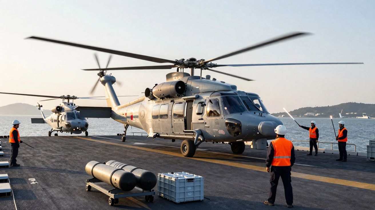 Deux hélicoptères militaires sur le pont d'un navire avec quatre marins en gilets orange encadrant l'atterrissage.