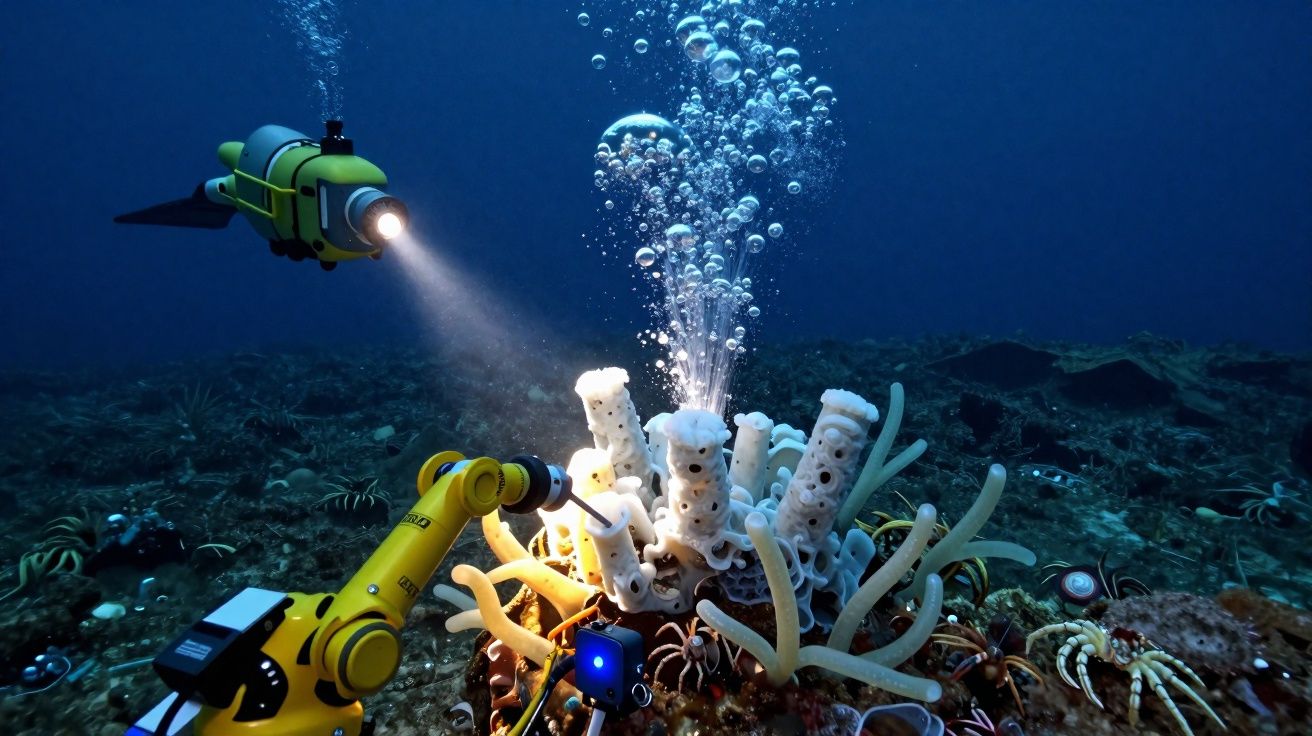 Robot sous-marin équipé d’une lampe explore un récif côtier peuplé d’éponges et de crabes.