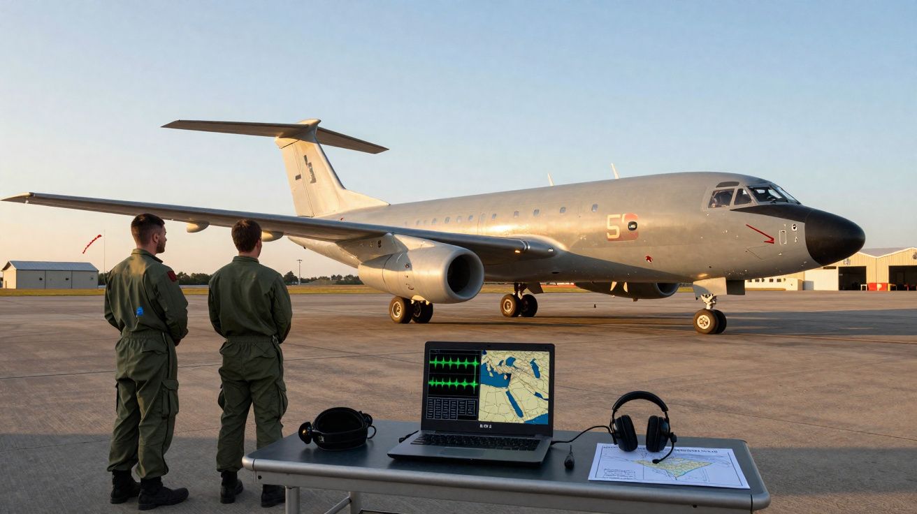 Deux militaires observent un avion militaire sur une piste avec un ordinateur et des casques sur une table.