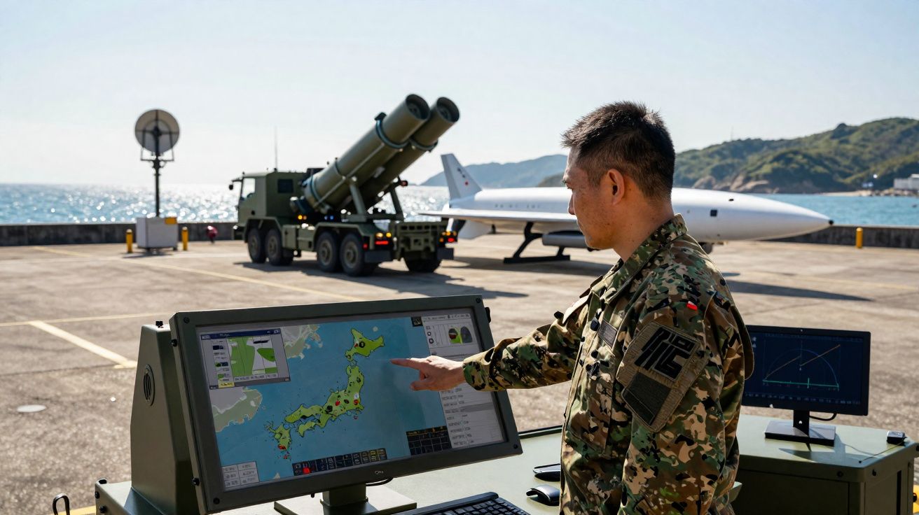 Militaire japonais surveillant une carte numérique du Japon avec un missile et un modèle d’avion en arrière-plan bord de mer.