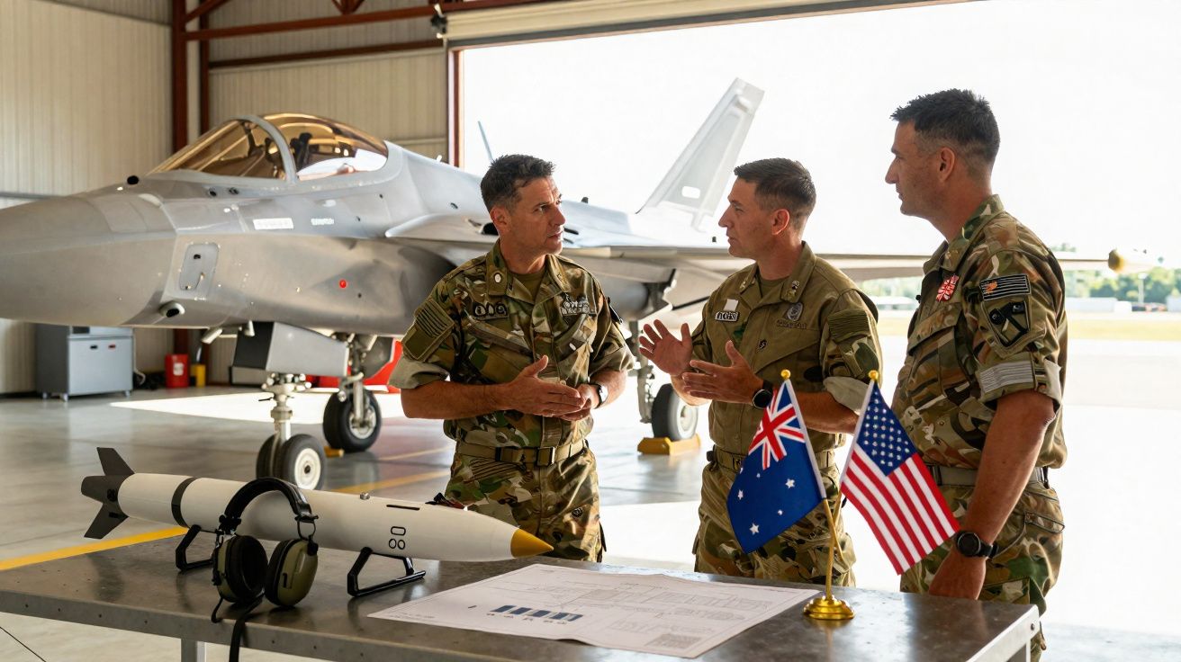Trois militaires en tenue discutent devant un avion de chasse dans un hangar avec drapeaux australien et américain.