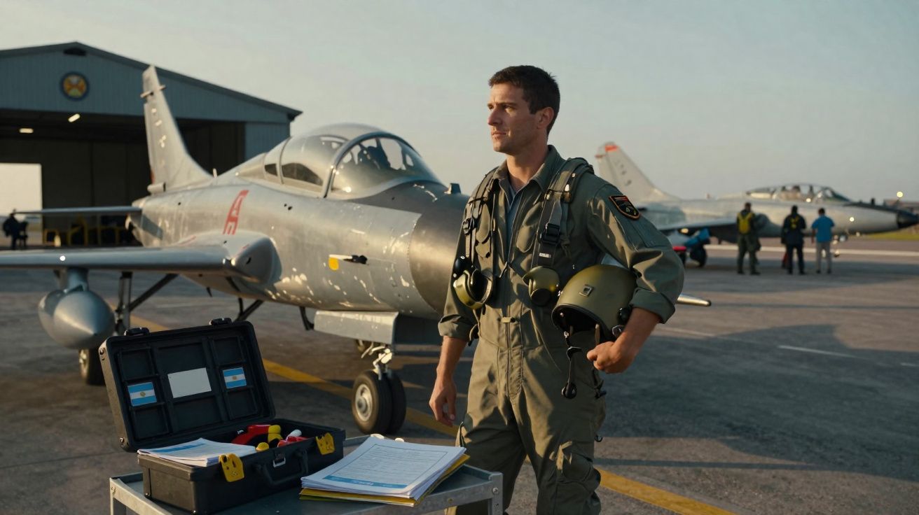 Pilote en tenue de vol tenant un casque devant un avion de chasse argenté sur une piste d’aéroport.