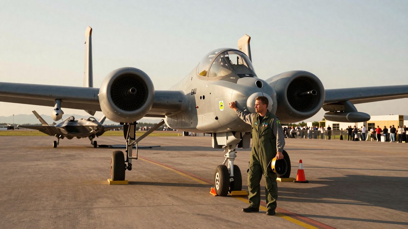 Pilote debout près d'un avion de chasse A-10 Thunderbolt II sur un tarmac avec foule en arrière-plan.