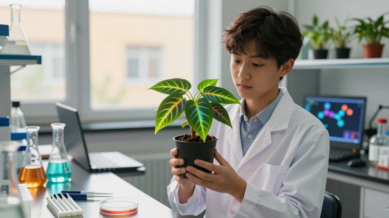 Jeune scientifique en blouse blanche examinant une plante en pot dans un laboratoire lumineux.