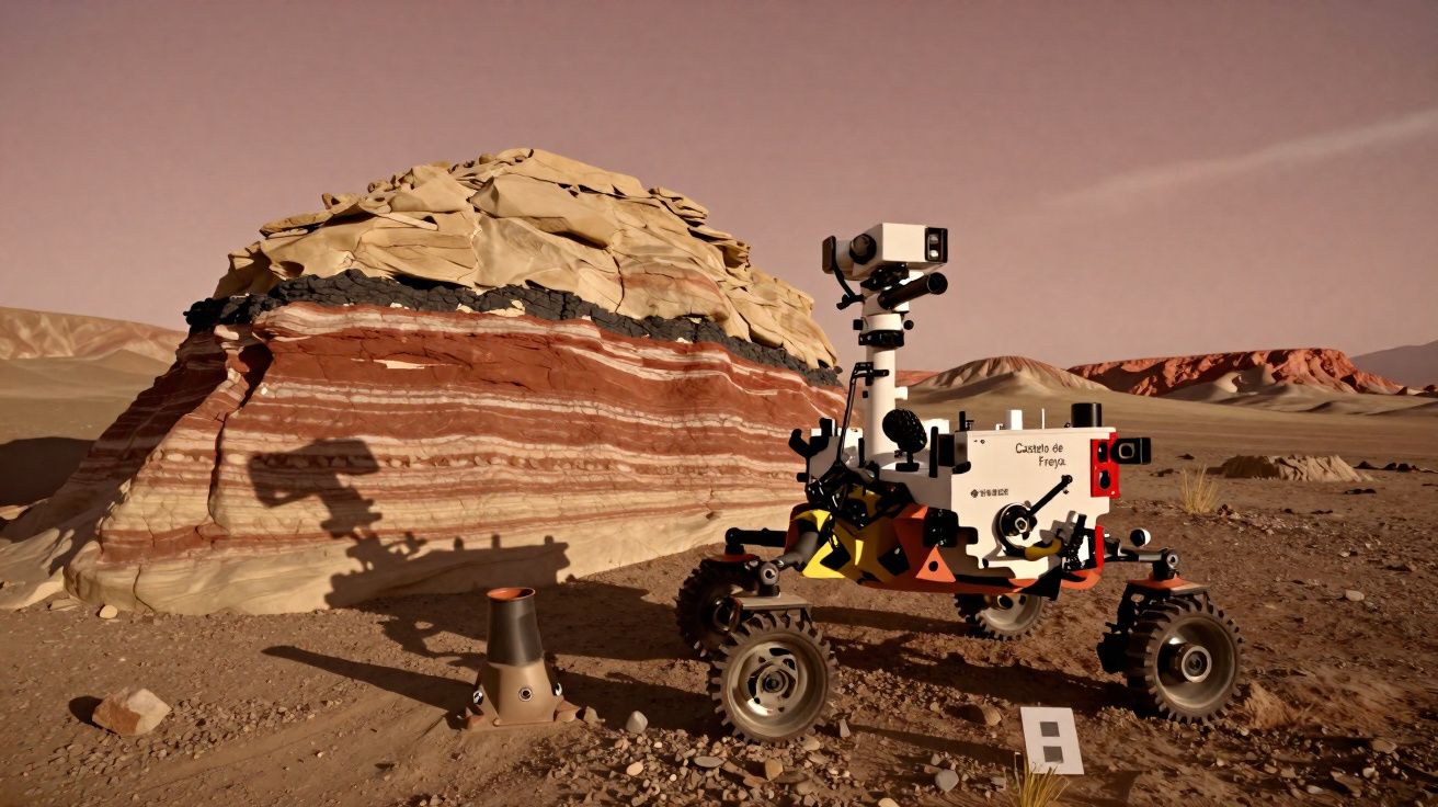 Rover d'exploration sur un terrain désertique avec des couches de roche multicolores en arrière-plan.