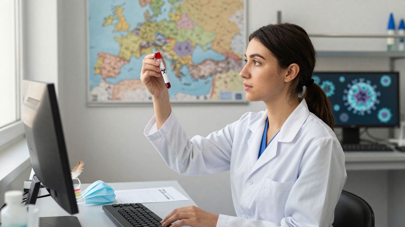 Femme scientifique en blouse blanche analysant un échantillon marqué biohazard dans un laboratoire.