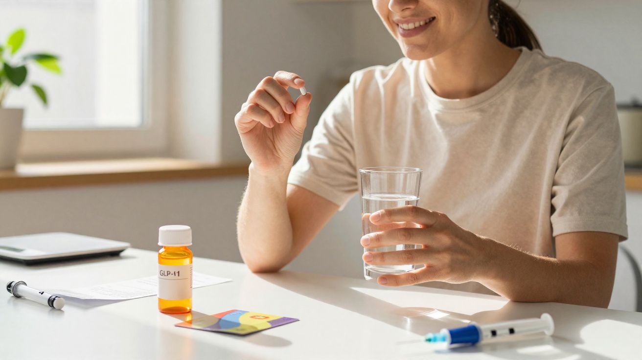Femme souriante tenant un comprimé et un verre d'eau, sur une table flacon, stylo et documents médicaux.