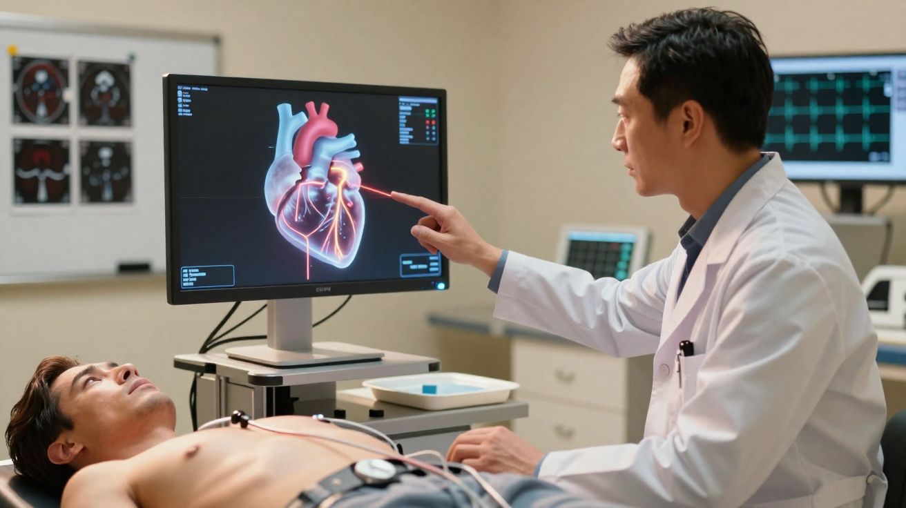 Médecin expliquant l'anatomie du cœur sur un écran à un patient allongé lors d'un examen cardiaque.