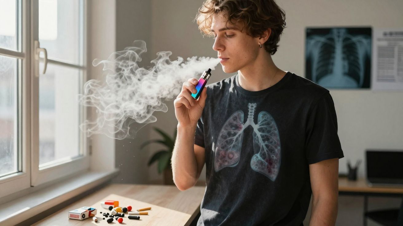 Jeune homme utilisant une cigarette électronique avec un t-shirt affichant des poumons.