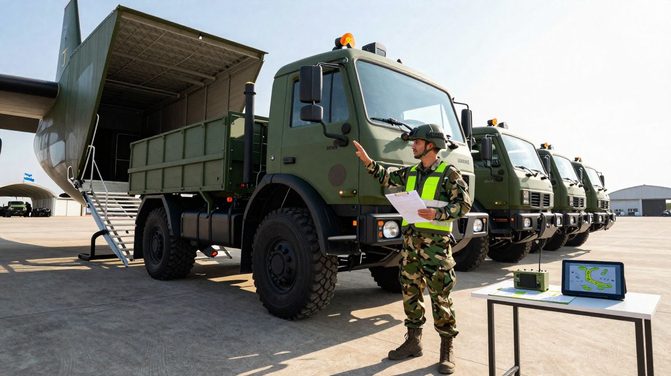 Soldat en tenue militaire signalant près d’un camion militaire vert avec une rampe ouverte sur un tarmac.