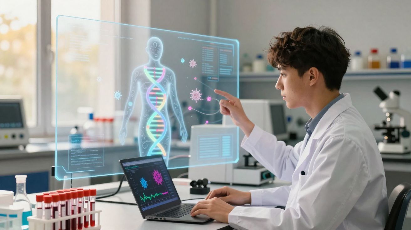 Jeune scientifique en blouse blanche analysant une holographie ADN et virus dans un laboratoire moderne.