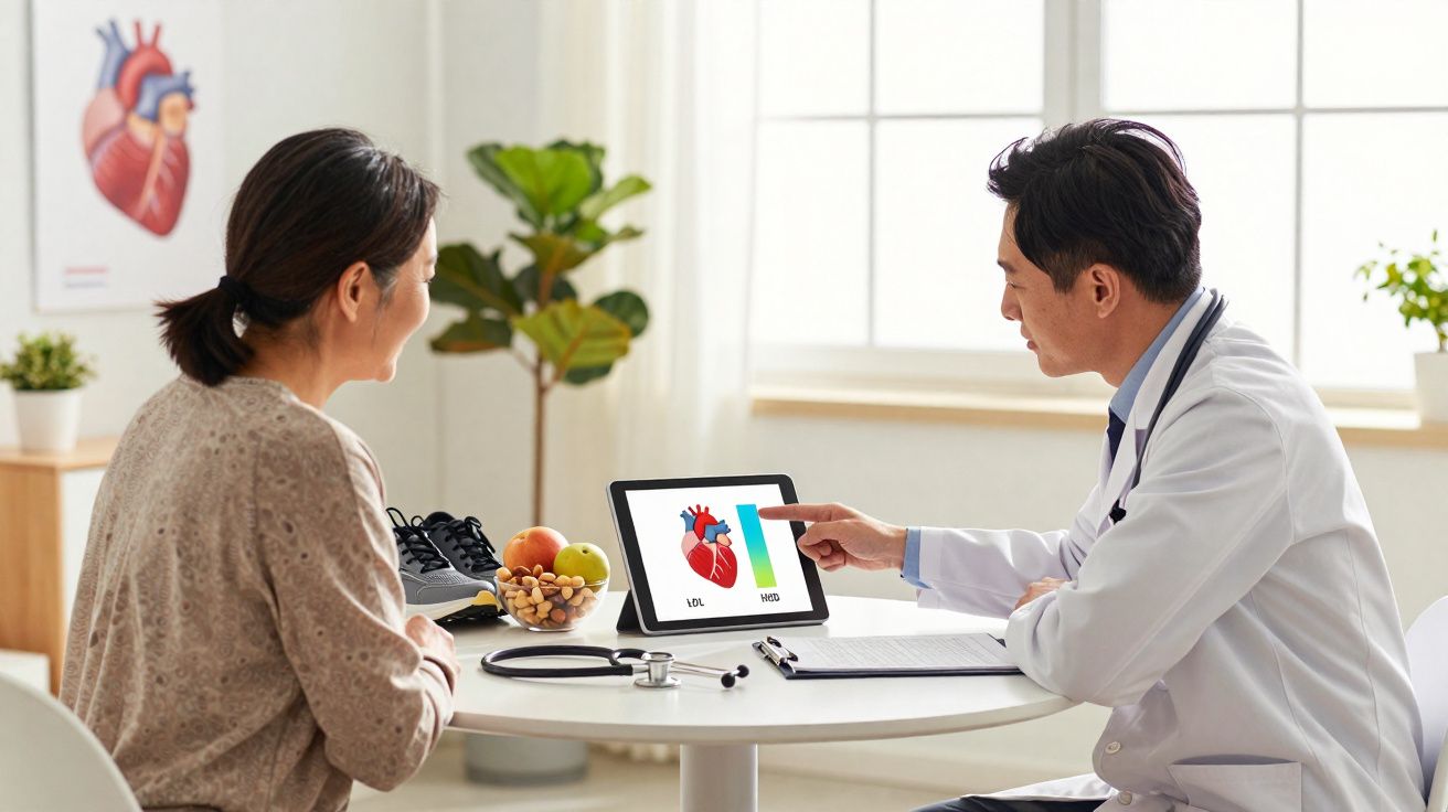 Médecin montre une image du cœur sur une tablette à une patiente lors d'une consultation en cabinet médical lumineux.