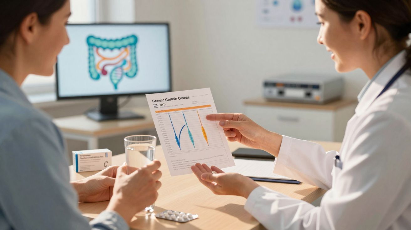 Médecin expliquant des résultats de tests génétiques à une patiente dans un bureau médical avec écran d'intestin en fond.