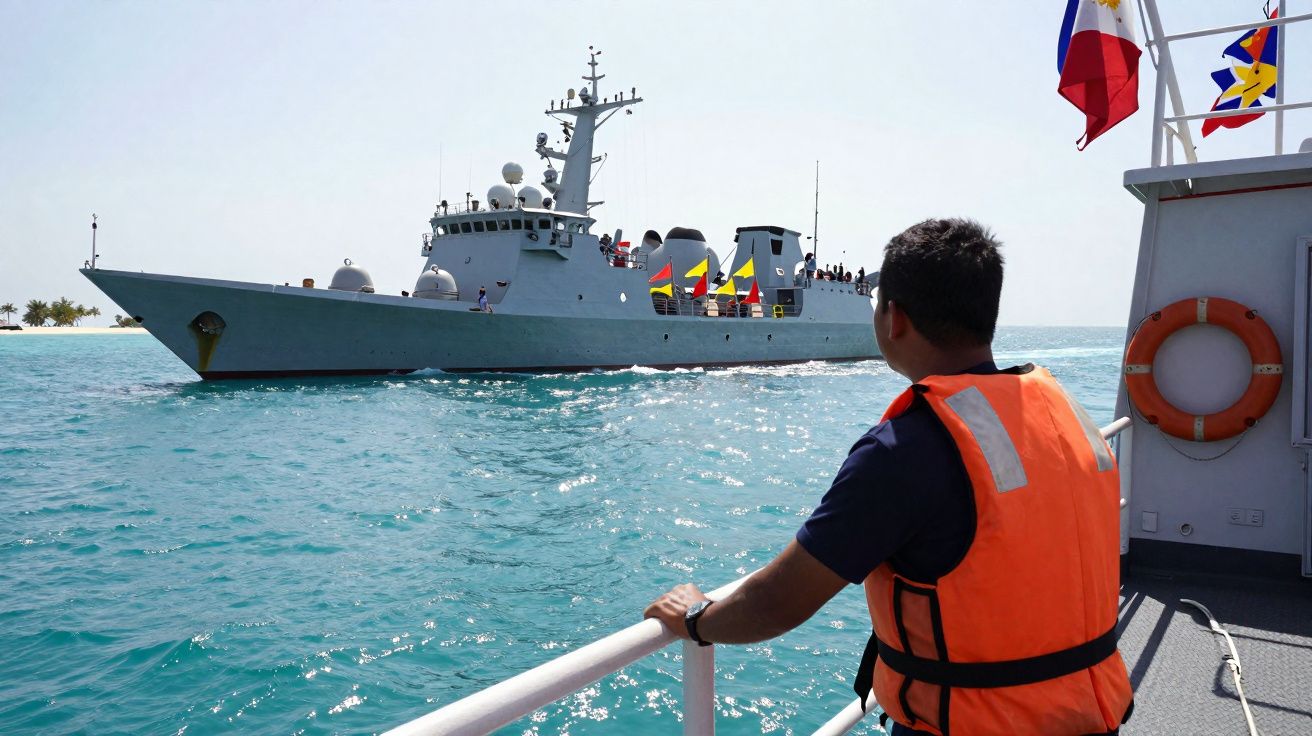 Homme en gilet de sauvetage orange observant un navire militaire gris sur une mer bleue calme.