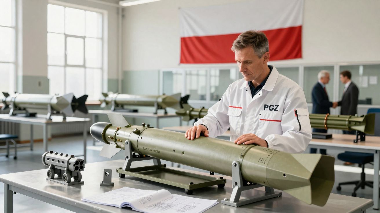 Ingénieur examinant une maquette de missile dans un atelier avec un drapeau polonais en arrière-plan.