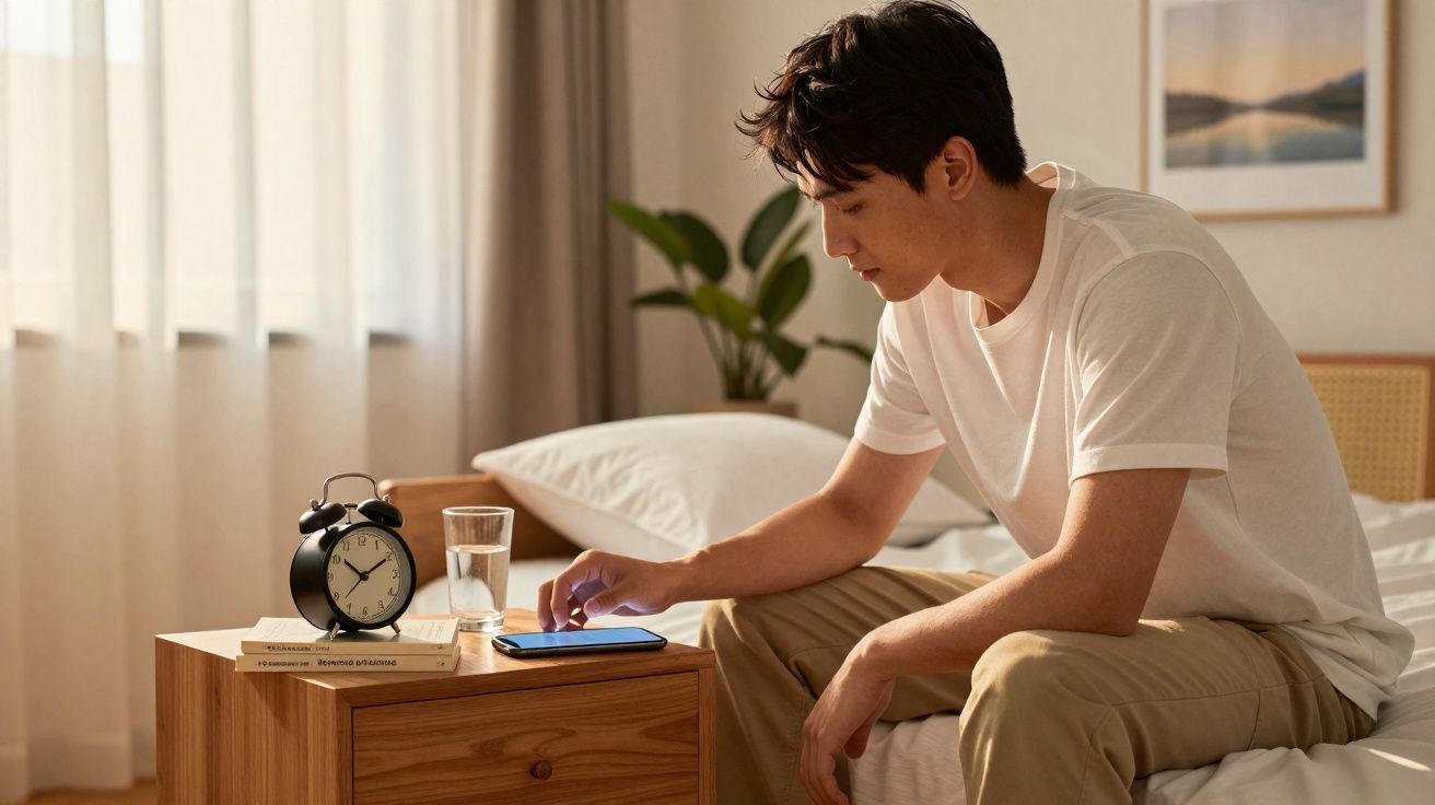 Homme assis sur un lit touchant un smartphone posé sur une table de chevet avec réveil et verre d'eau.