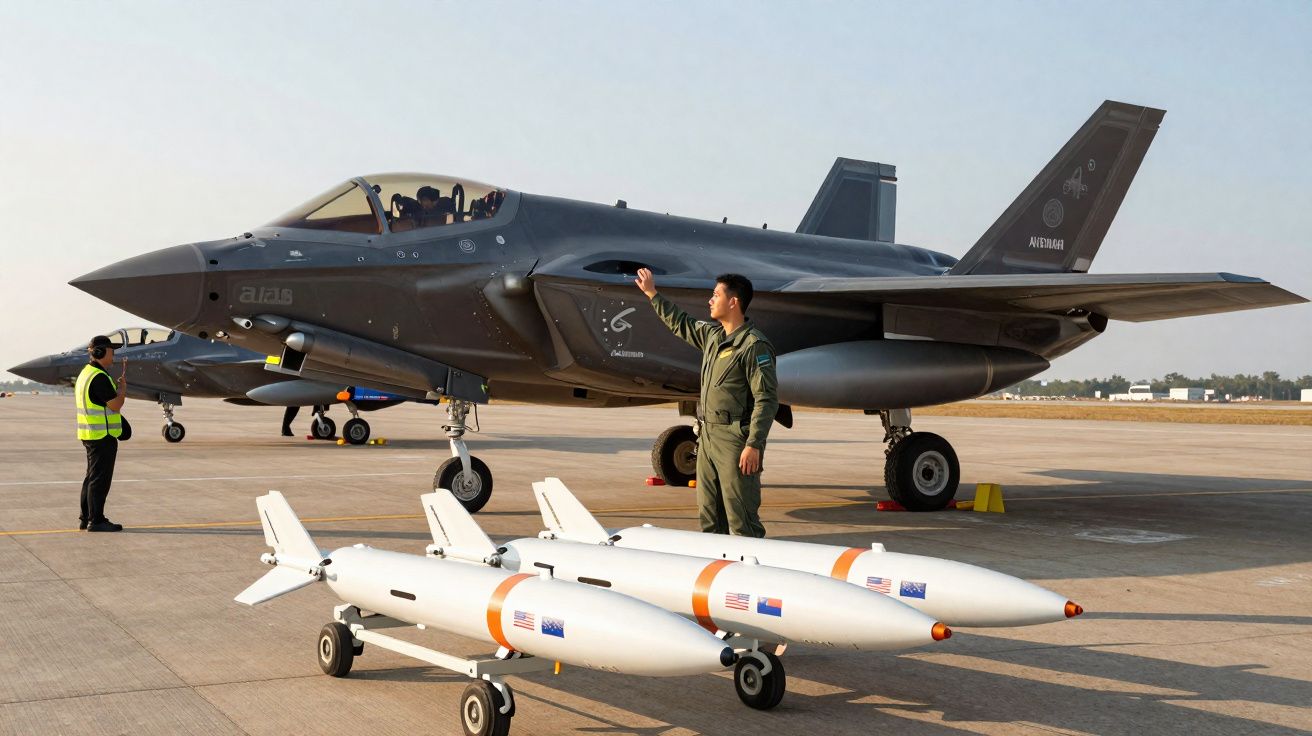 Avion de chasse furtif avec pilote au sol et deux missiles posés sur un chariot à l'aéroport militaire.