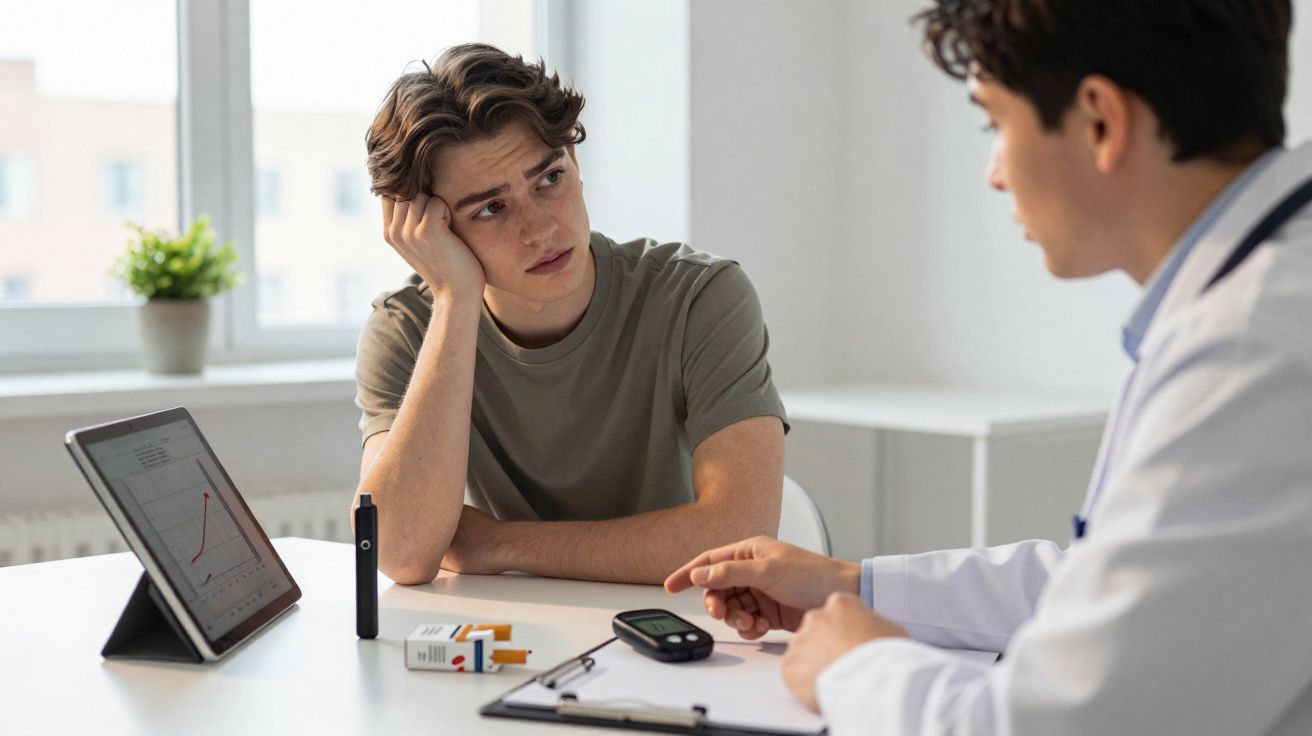 Jeune homme anxieux en consultation médicale discutant de résultats de glycémie avec un professionnel de santé.