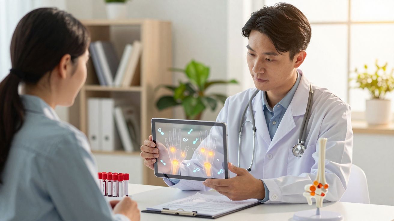 Médecin expliquant une radiographie des mains à une patiente lors d'une consultation en cabinet médical.