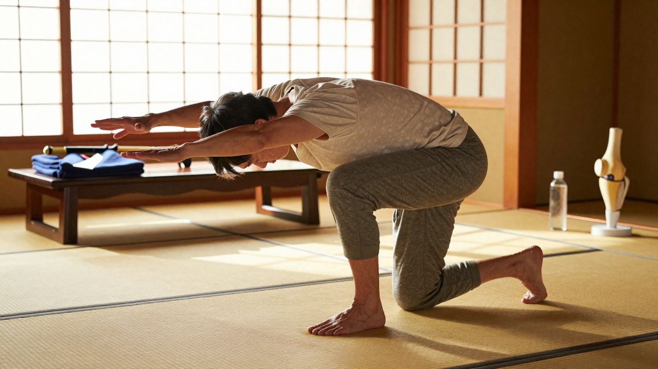 Une personne pratique des étirements dans une pièce japonaise traditionnelle au sol en tatami.