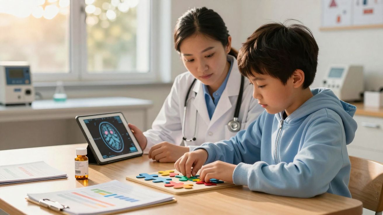 Médecin observe un garçon jouant avec un puzzle en bois dans un cabinet médical lumineux.
