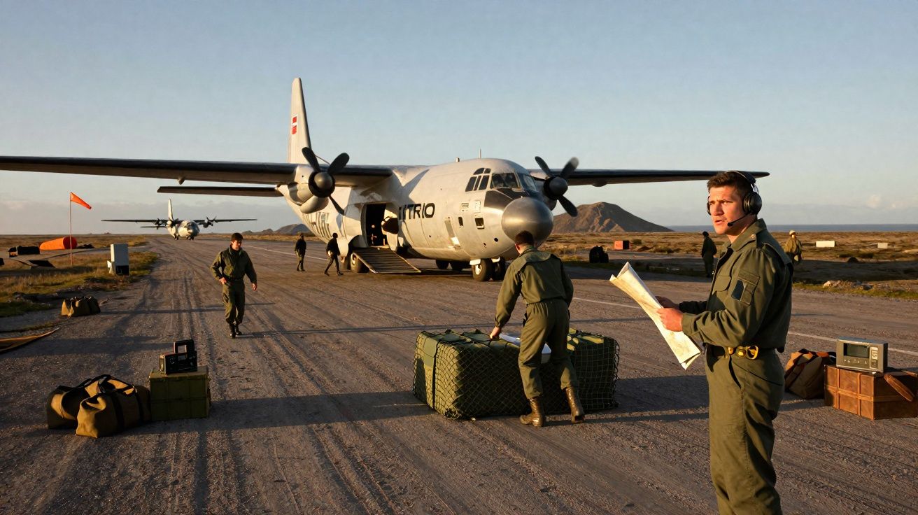 Militaires en tenue chargent du matériel sur un avion militaire sur une piste isolée au coucher du soleil.