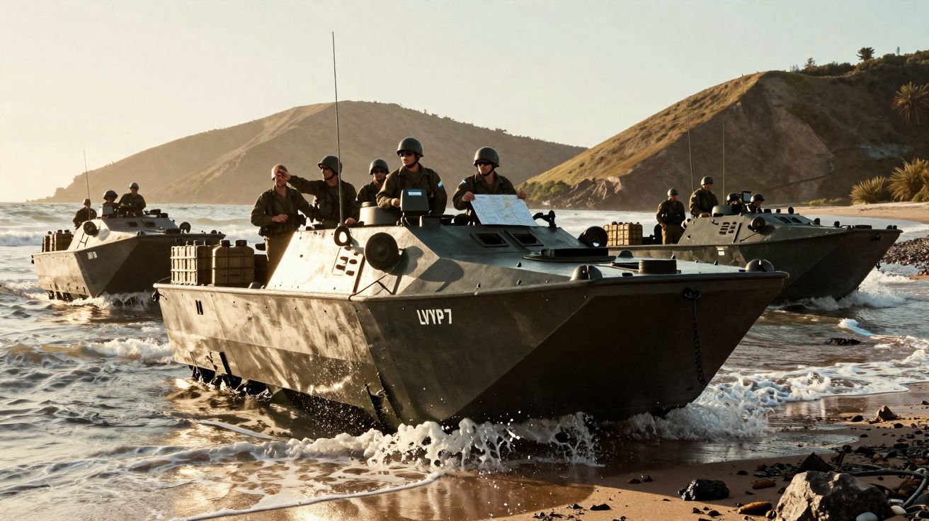 Deux véhicules amphibies militaires débarquent sur une plage avec des soldats en tenue de combat.
