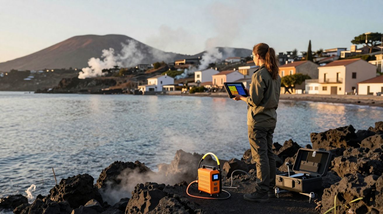 Chercheuse avec tablette et équipement mesure activité volcanique au bord d'un lac près d'un village.