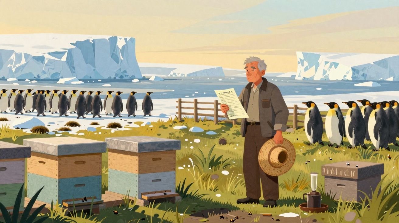 Homme âgé avec document et chapeau près de ruches, entouré de manchots et d'icebergs dans un paysage froid.