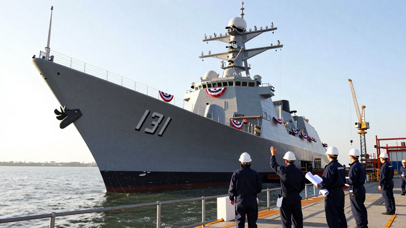 Destroyer militaire gris numéro 131 amarré, avec marins casqués observant sur le quai.
