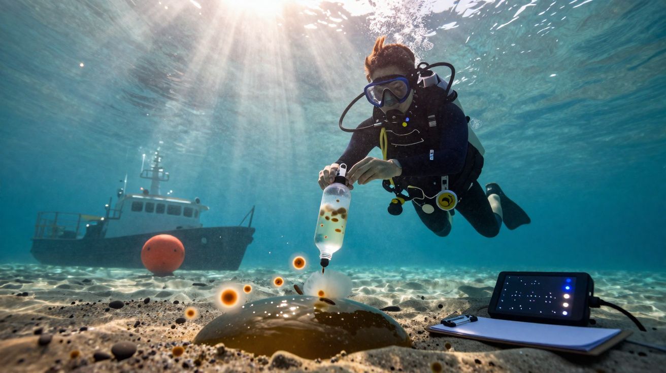 Plongeur scientifique recueillant un échantillon dans une bouteille sous-marine avec un bateau et du matériel à proximité.