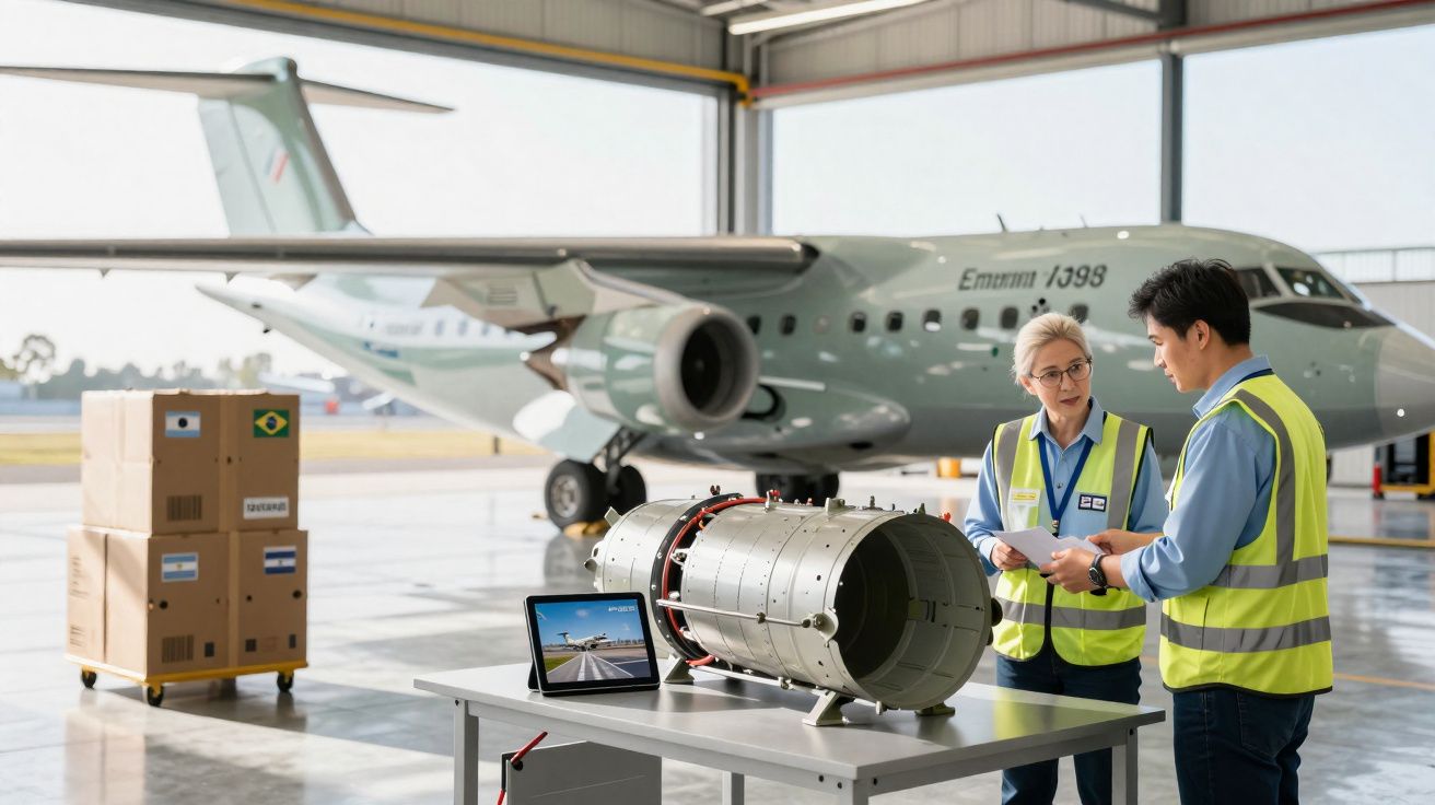 Deux techniciens en gilets réfléchissants discutant devant un moteur d'avion et un jet dans un hangar.