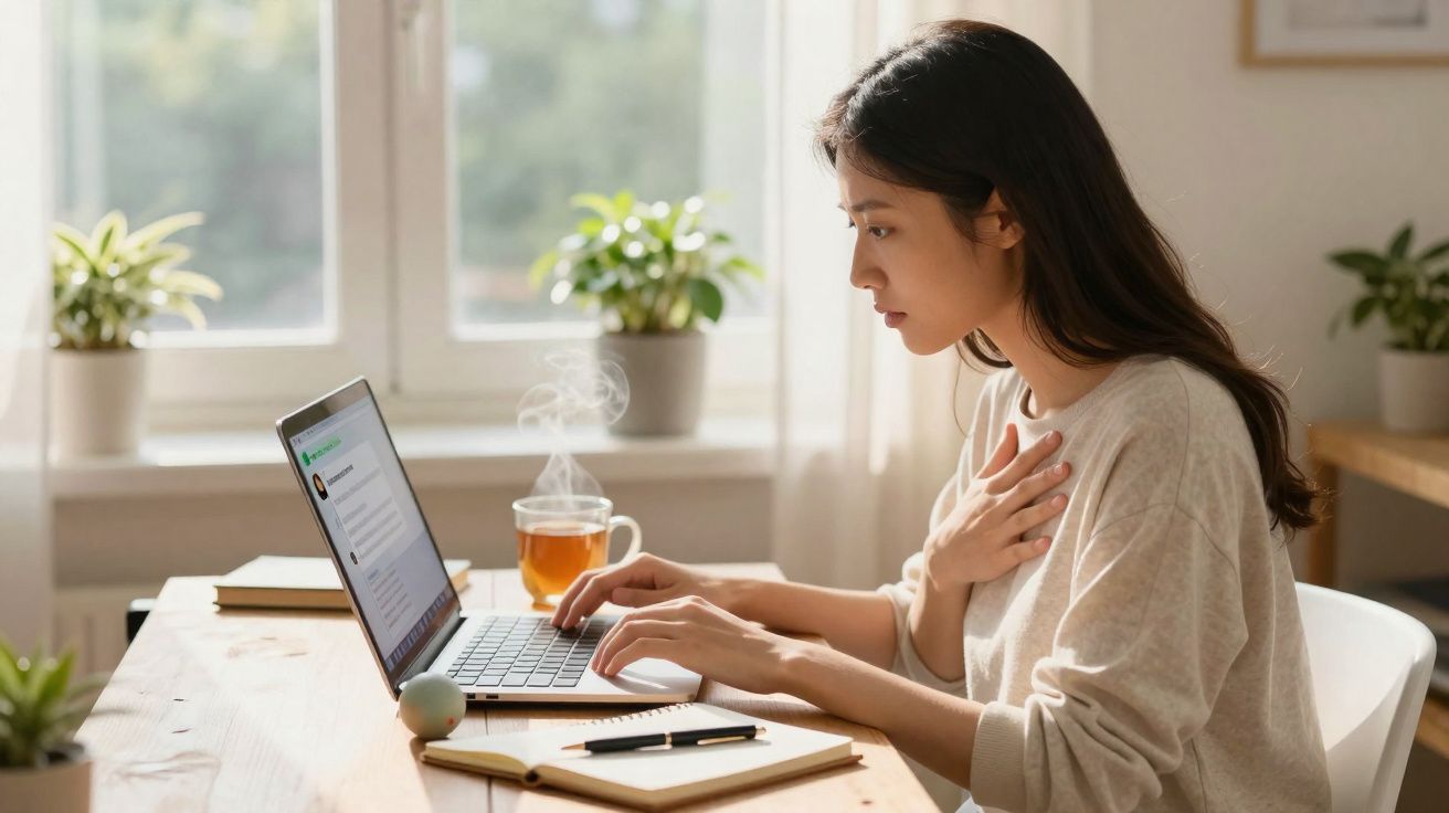 Femme concentrée travaille sur un ordinateur portable dans un bureau lumineux avec une tasse de thé fumante.