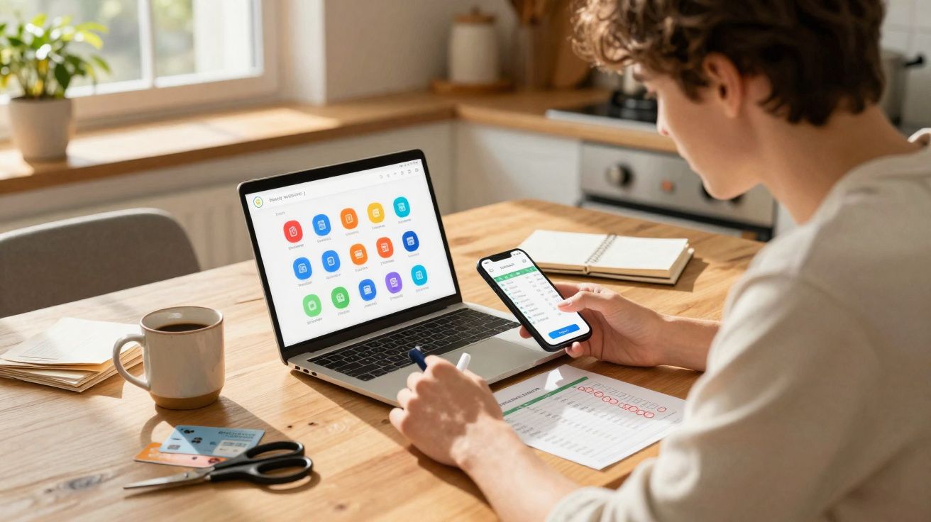 Jeune homme utilisant un smartphone et un ordinateur portable à table pour gérer ses finances personnelles avec documents et 