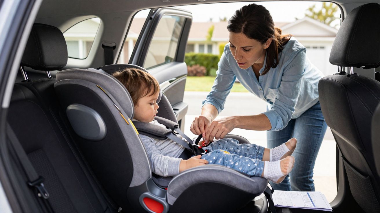Une femme attache un enfant dans un siège auto installé à l'arrière d'une voiture.