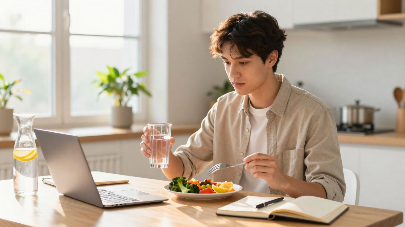 Jeune homme mangeant une salade et buvant un verre d'eau devant un ordinateur portable dans une cuisine lumineuse.