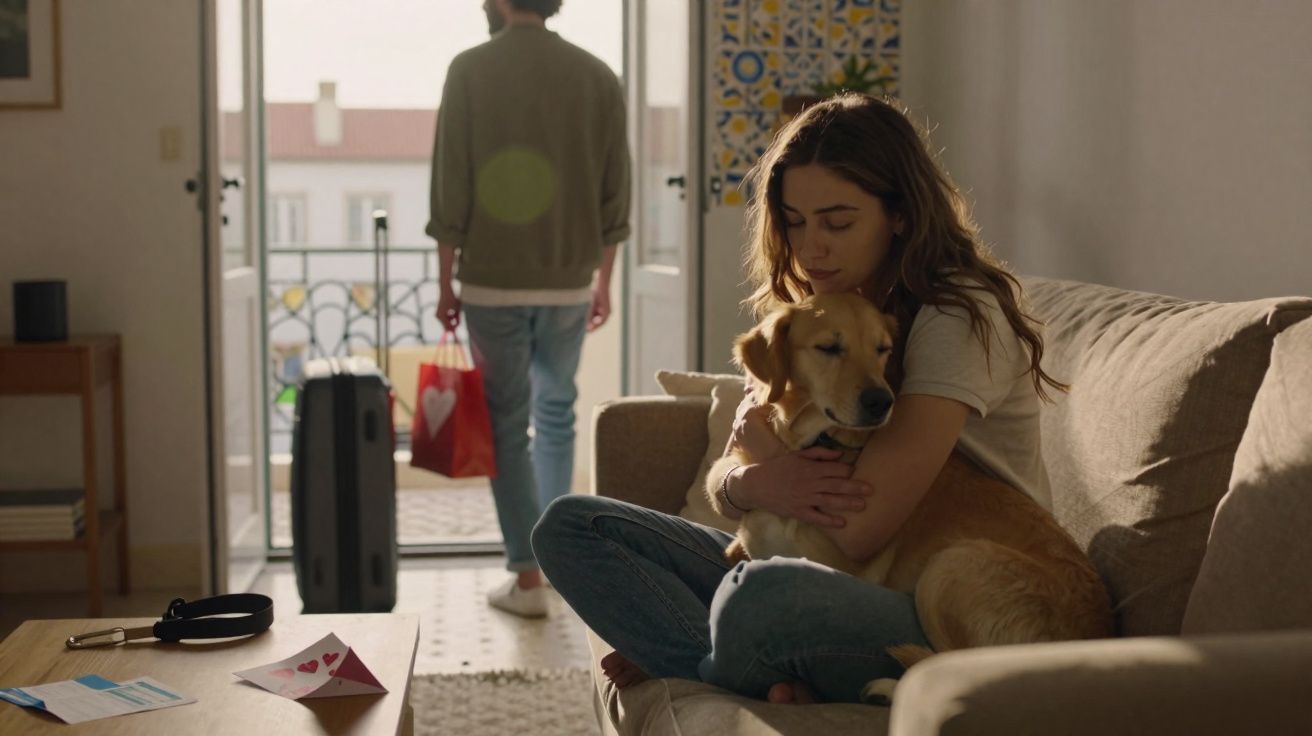 Une femme câline un chien sur un canapé tandis qu’un homme part avec une valise au balcon.