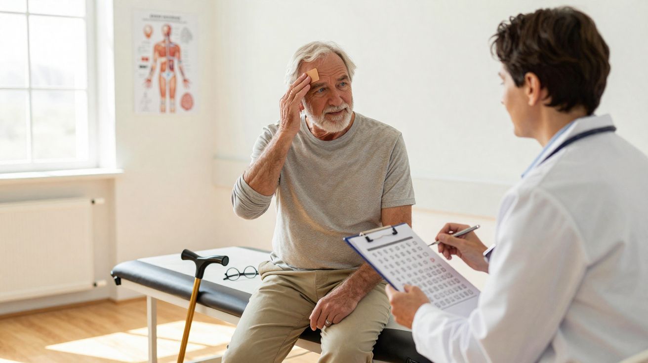 Un homme âgé touchant sa tête consulte un médecin tenant un test d'acuité visuelle en cabinet médical.