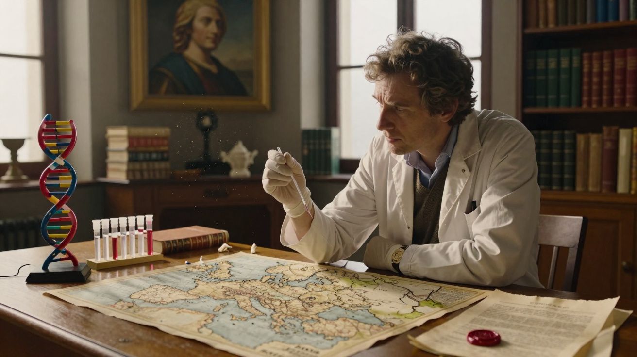 Scientifique en blouse blanche examinant une carte historique de l'Europe sur un bureau ancien.