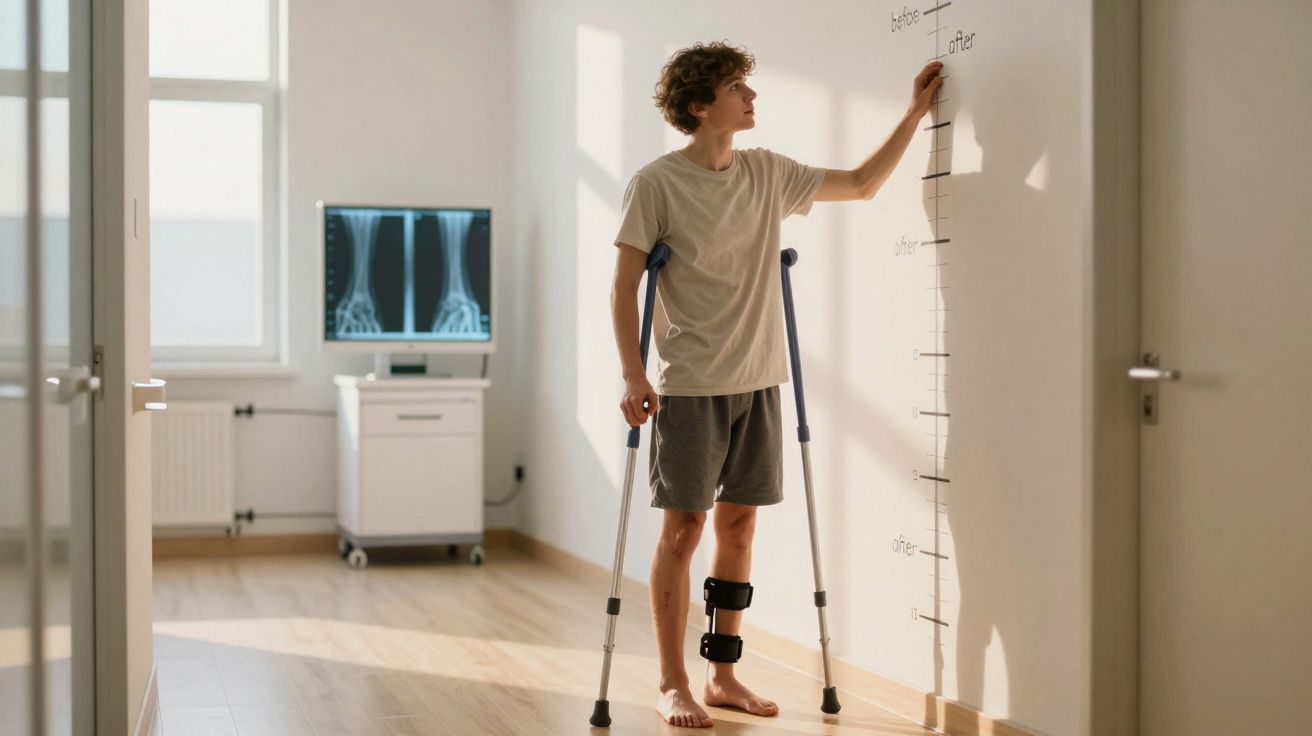 Jeune homme en béquilles mesurant sa taille sur un mur, avec des radiographies visibles en arrière-plan.