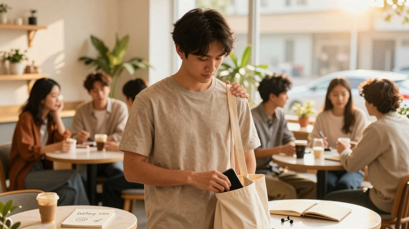Un jeune homme récupère son téléphone dans un sac en toile dans un café animé.