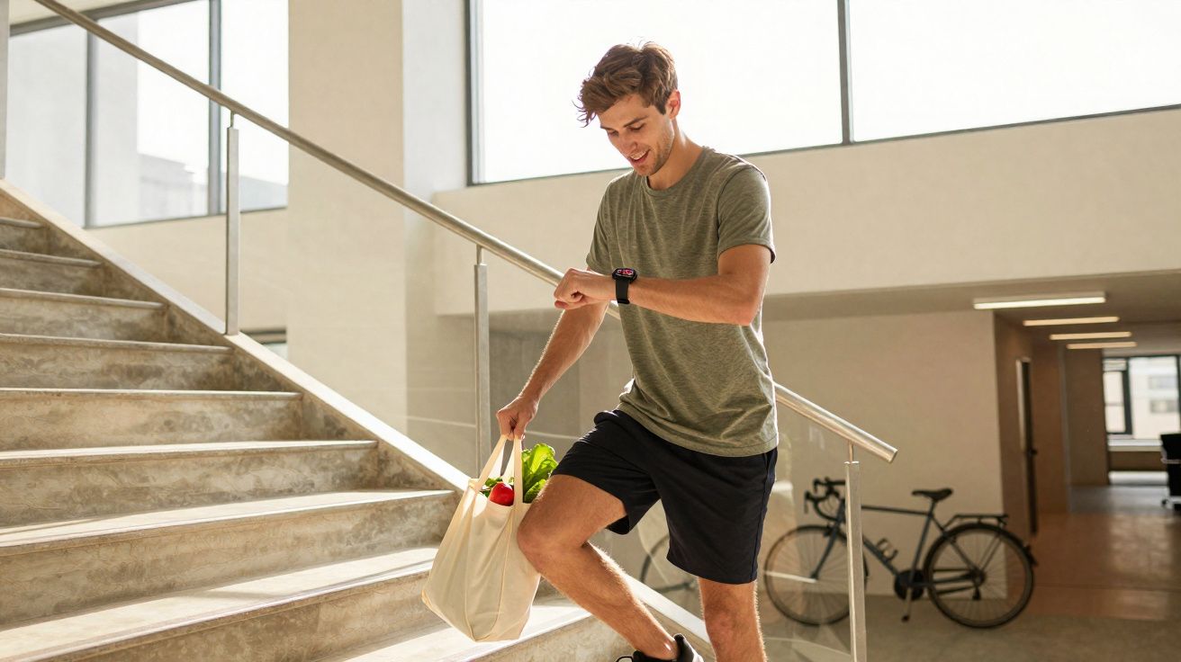 Jeune homme sportif montant des escaliers avec un sac de courses et regardant sa montre connectée.