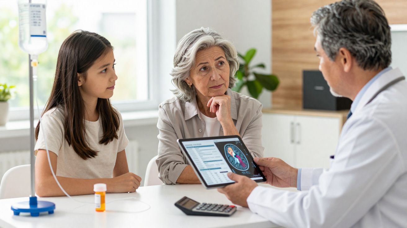 Médecin montrant une image médicale sur tablette à une femme âgée et une jeune fille lors d'une consultation.