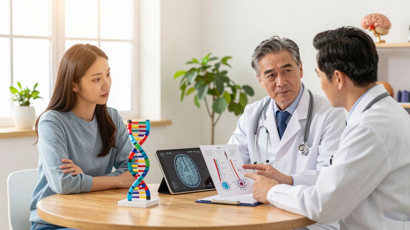 Deux médecins discutent avec une patiente, modèle ADN et imagerie cérébrale visibles sur la table.