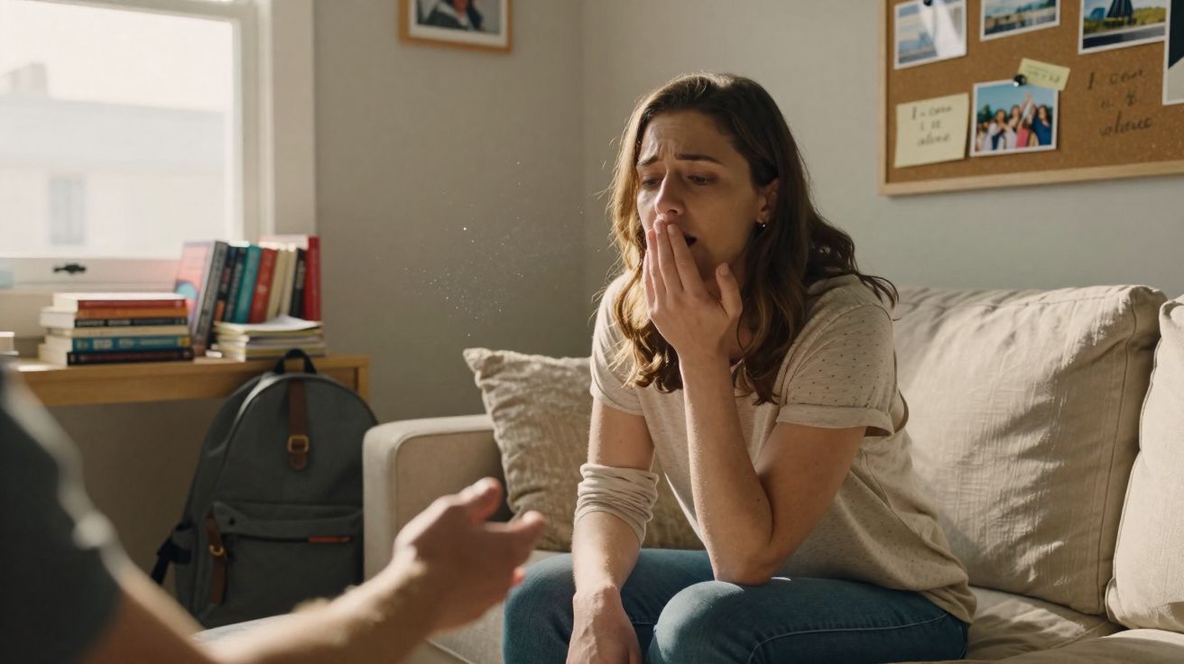 Femme assise sur un canapé, visiblement bouleversée, portant une manchette sur le bras, en conversation avec une personne hor