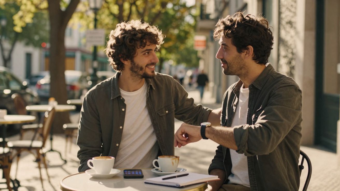 Deux hommes discutent en souriant à une table de café en terrasse un après-midi ensoleillé.