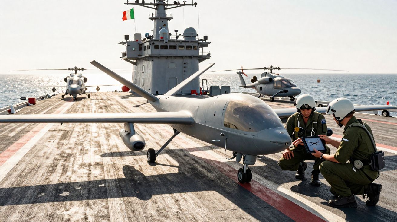Deux militaires en tenue discutent près d'un drone sur le pont d'un porte-avions en mer Méditerranée.