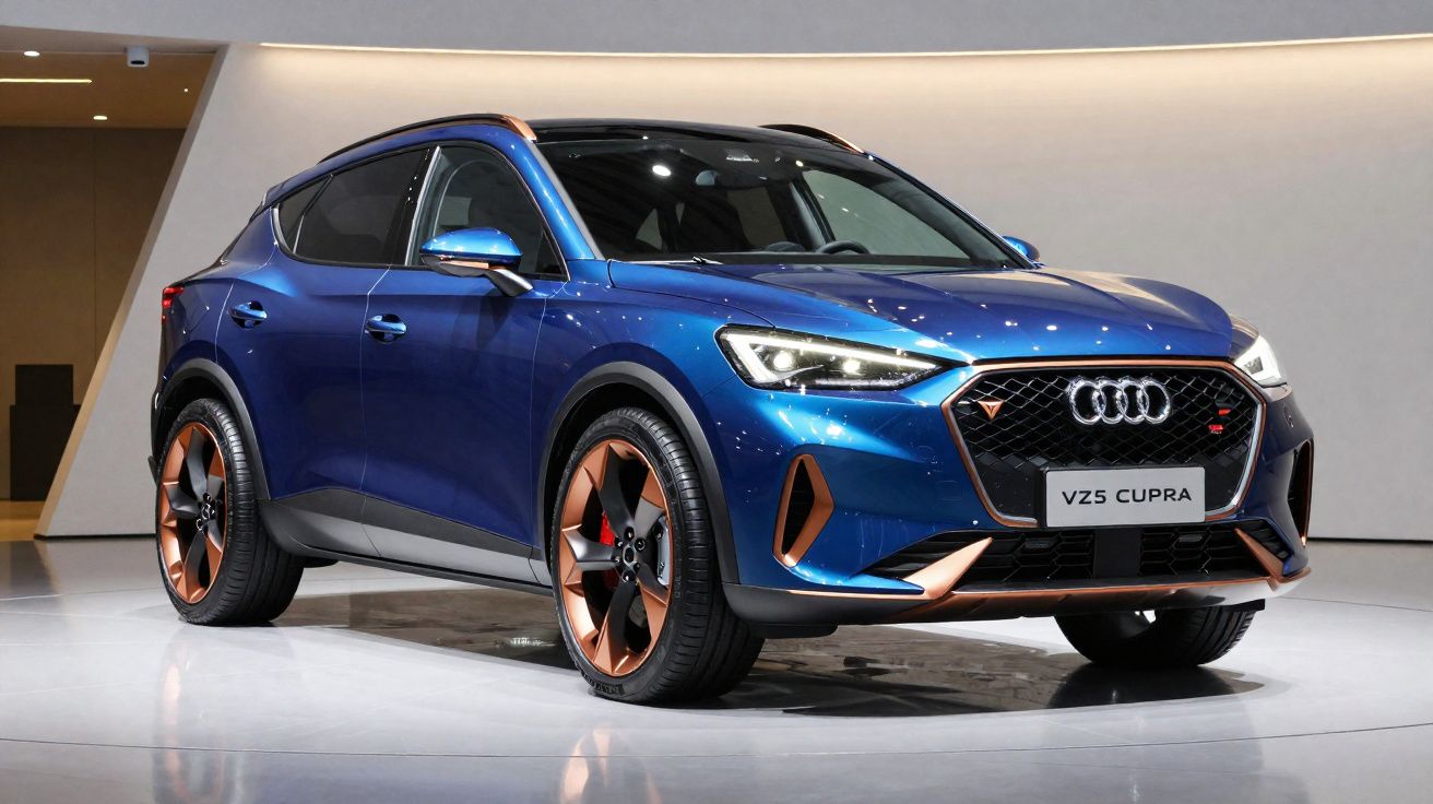 SUV Audi VZ5 Cupra bleu métallisé avec jantes bronze exposé dans un showroom moderne.
