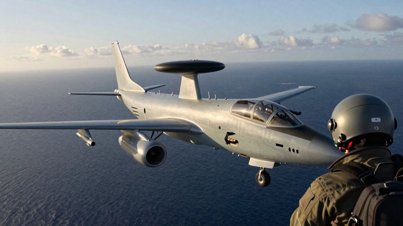 Avion militaire de surveillance en vol au-dessus de la mer, avec un pilote en combinaison et casque observant.