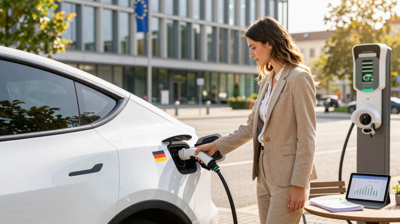 Femme rechargeant une voiture électrique blanche près d'une borne de recharge en extérieur urbain.